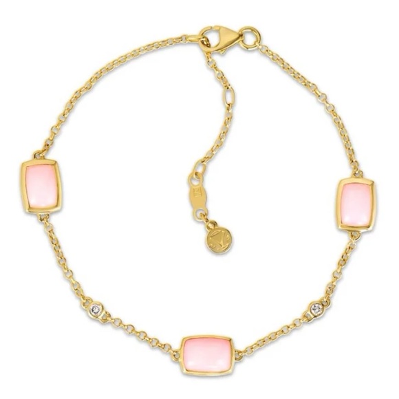 Le Vian 14K Yellow Gold Natural Diamond & Pink Opal Station Rolo Bracelet 7” NEW - Picture 15 of 16